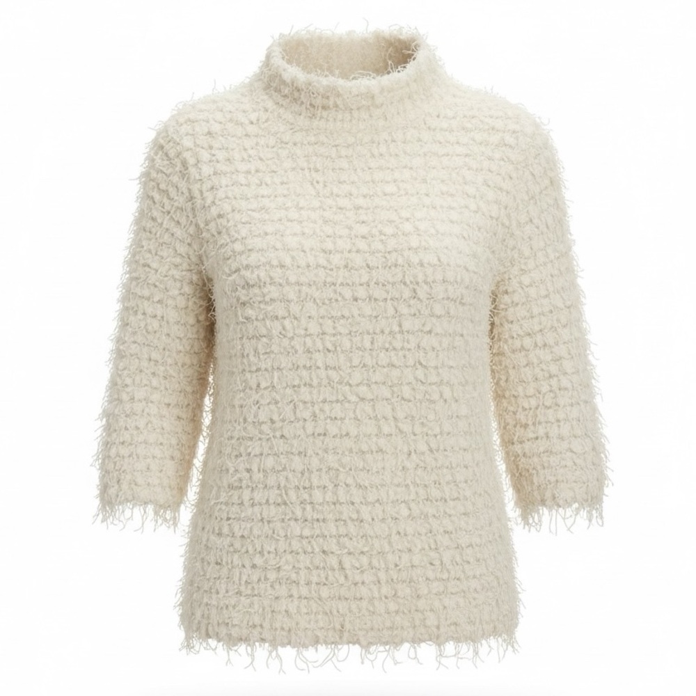 Vince Camuto Cream Textured Fringe Mock Neck Pearl Ivory Size XS Nubby Knit